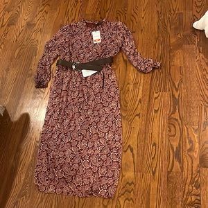 COPY - Patterned maroon zara dress. Floor length with removable brown belt.